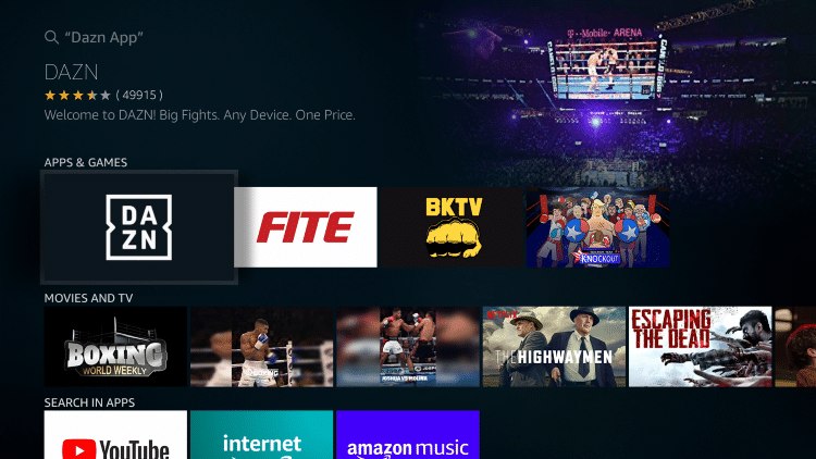 search result of DAZN on FireStick