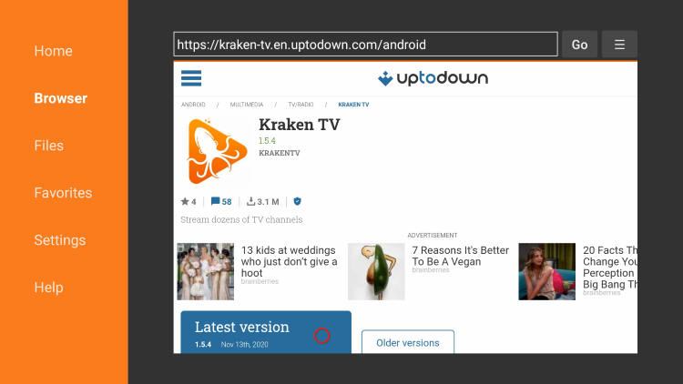 Type the URL“ kraken-tv.en.uptodown.com/android,” to go to Kraken TV official website