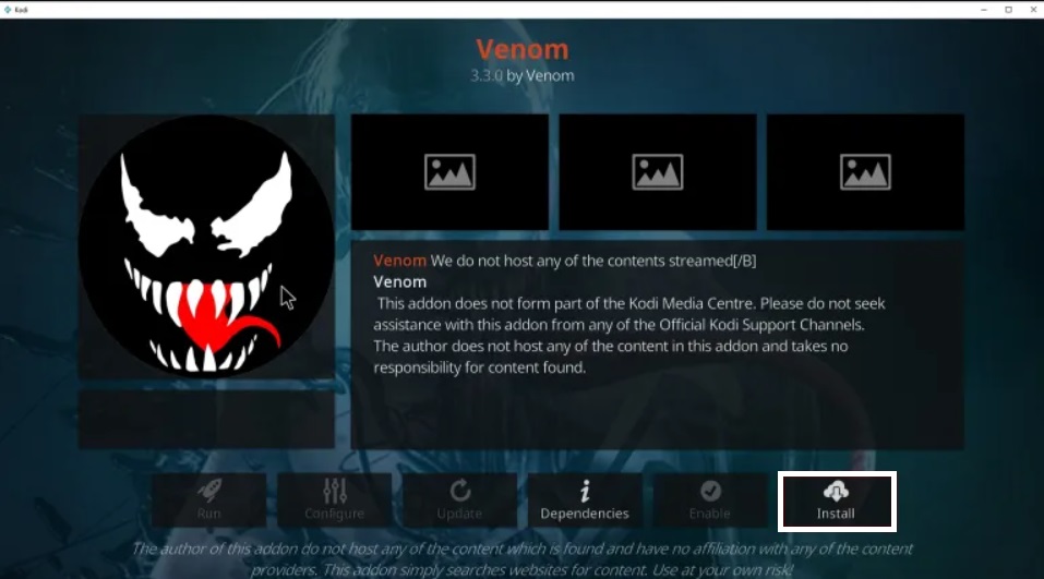 Tap install on the bottom of your screen to install venom kodi
