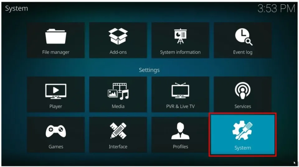 On your FireStick, open the Kodi app and navigate to Settings then System.