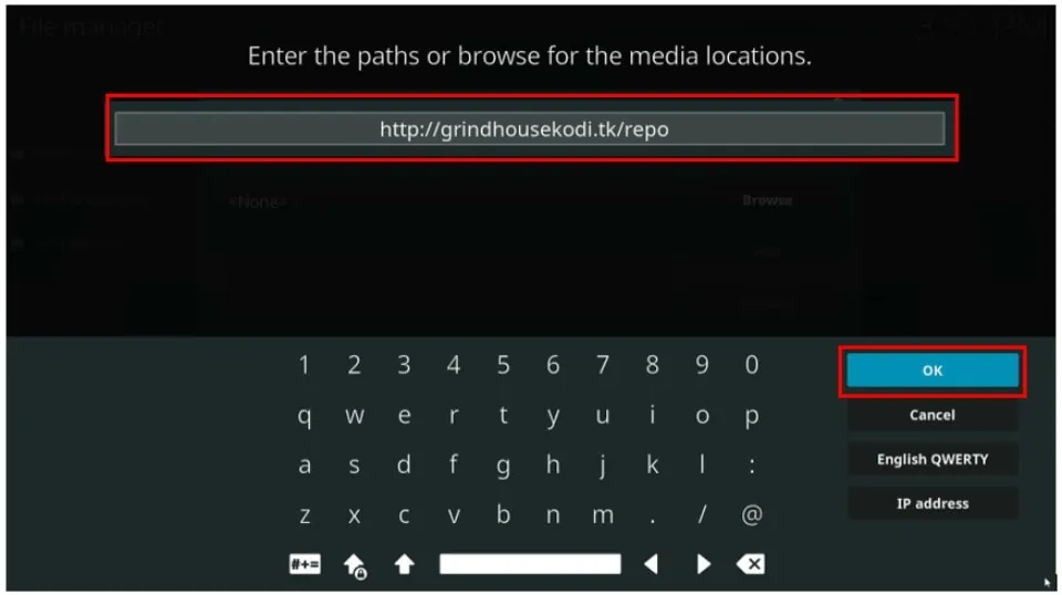 Type in this URL http://grindhousekodi.tk/repo and enter a name for this media source (eg: grind), then tap 