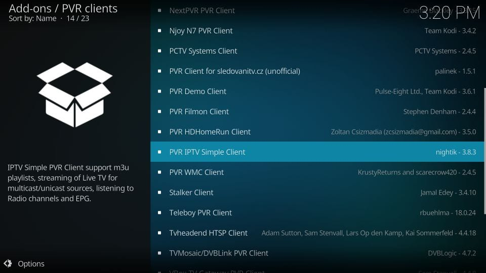 Select “PVR IPTV Simple Client”